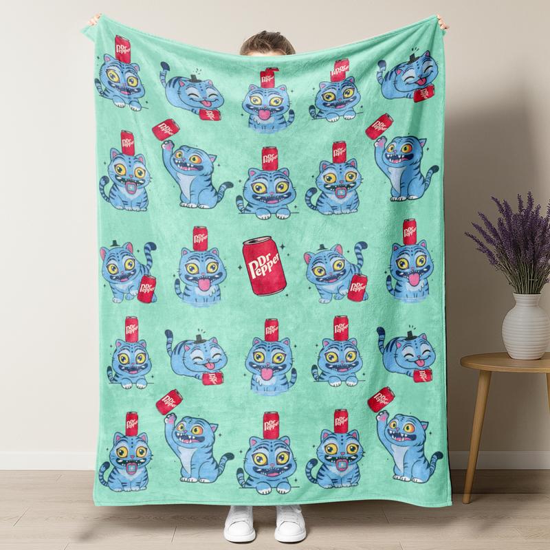 KPop Demon Hunters Huntrix Blue Kawaii Tiger Derpy Dr Pepper Flannel Blanket slogan print cozy blanket soft fluffy blanket fleece lightweight gift