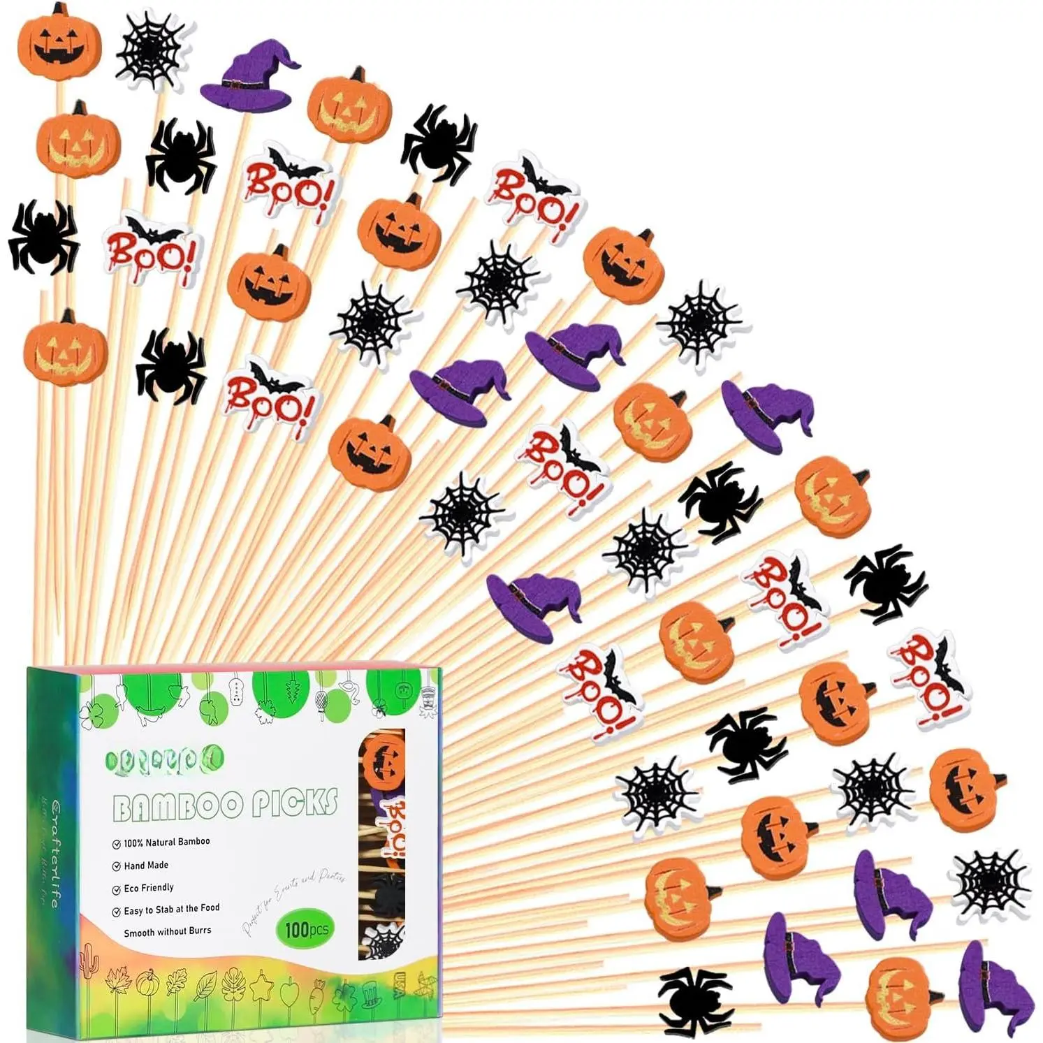100 count 5" Halloween  Picks  Pumpkin Spider Boo Bat Theme Decor Toothpicks Skewers Sticks Sandwich Appetizer Charcuterie Board Accessories  Garnish, Halloween Themed Party Decorations