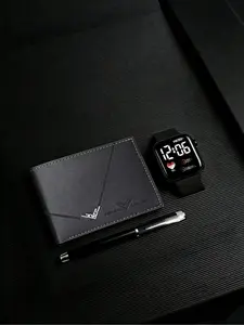 3-Pack Men's Stylish and Simple LED Heart-Shaped Digital Display Electronic Watches, Suitable for Boys to Wear, Paired with a Multi-Functional Wallet and Convenient Ballpoint Pen, an Ideal Choice for Daily Wear and Gift-Giving