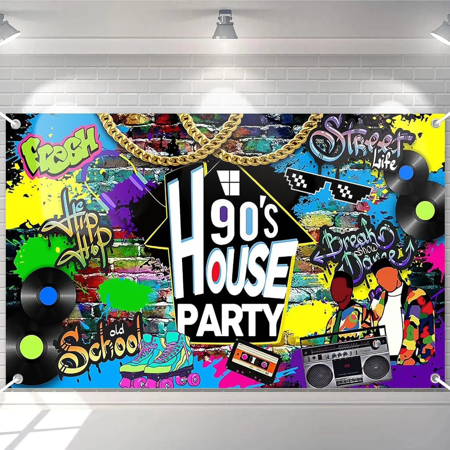 90s House Party Backdrop  Hop Graffiti 90's Theme House Party Decorations Retro Radio Brick Wall Party Banner (6x3.6ft)