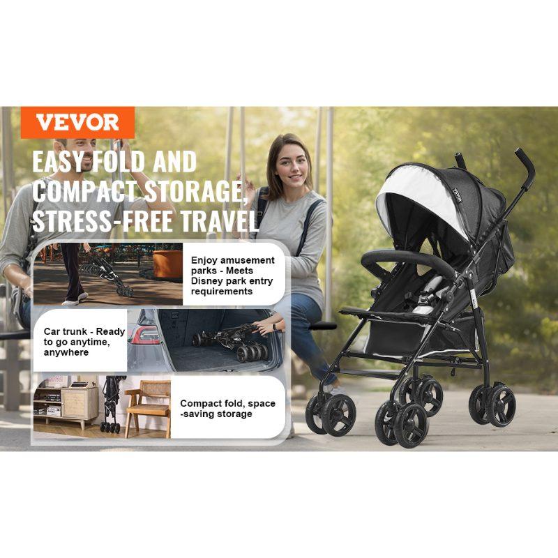 VEVOR Lightweight Stroller, Compact Easy Fold MultiPosition Recline Canopy Backrest, Carbon Steel Frame, Large Storage Basket, Umbrella Toddler Baby Stroller for Travel and More, Black/White