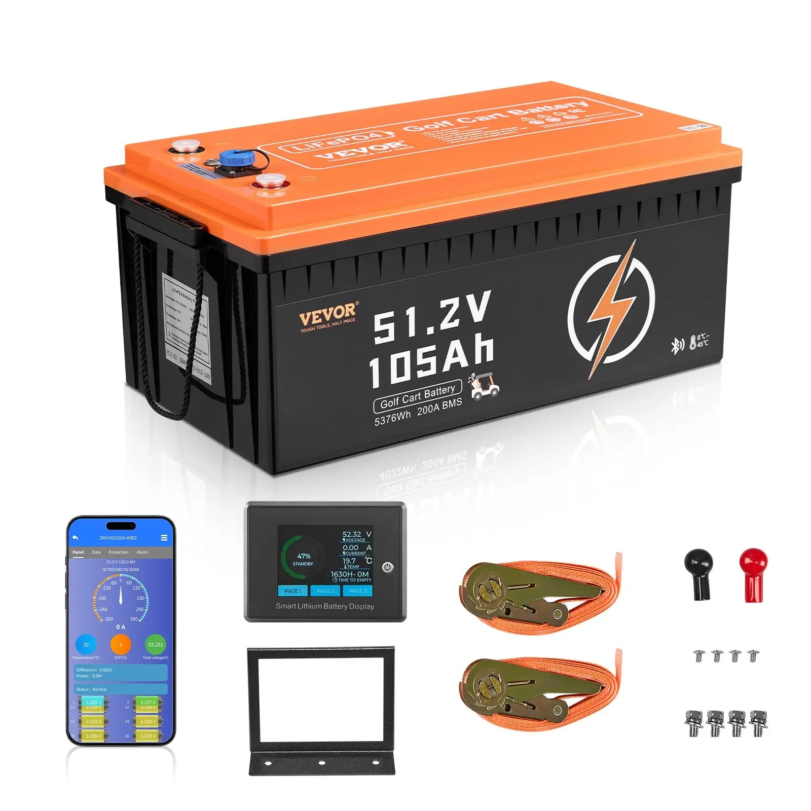 VEVOR 48V 105Ah LiFePO4 Golf Cart Battery, 200A BMS, LCD Monitor, Mobile APP, 600A Peak Current, ABS Shell, 4000+ Cycles for Golf Carts, Lifepo4 Battery