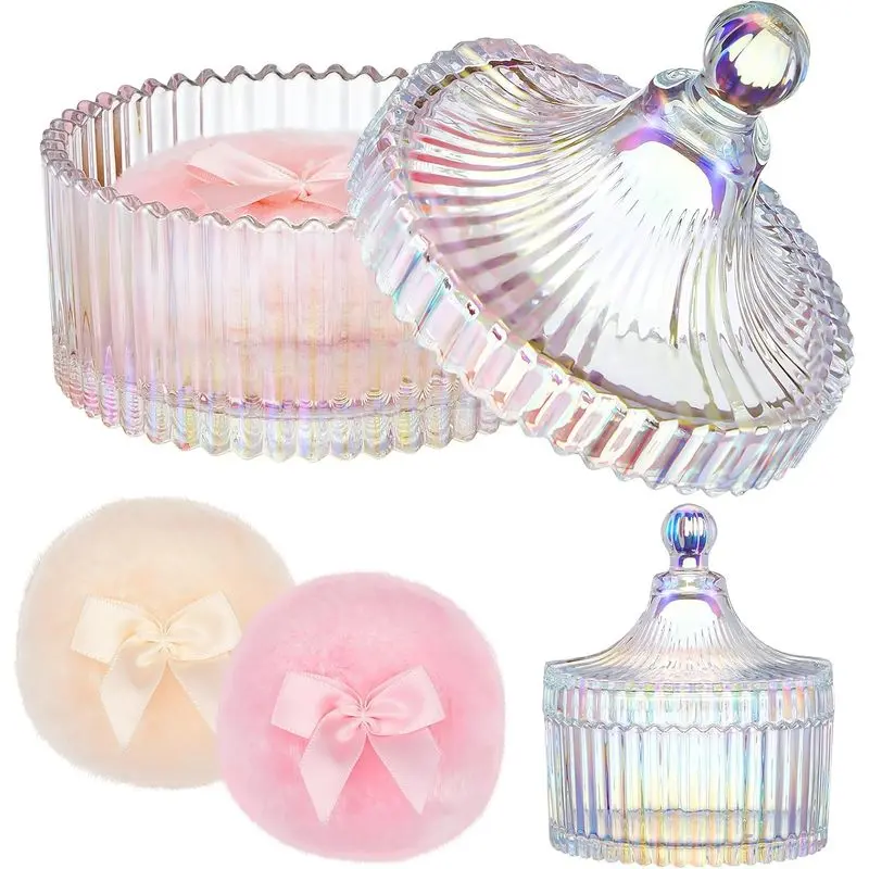 3-Piece Large Body Powder Puff and Decorative Glass Jar Set, 2 Soft Reusable Velour Dusting Puffs for Loose Powder, Setting Powder, Shimmer and Glitter