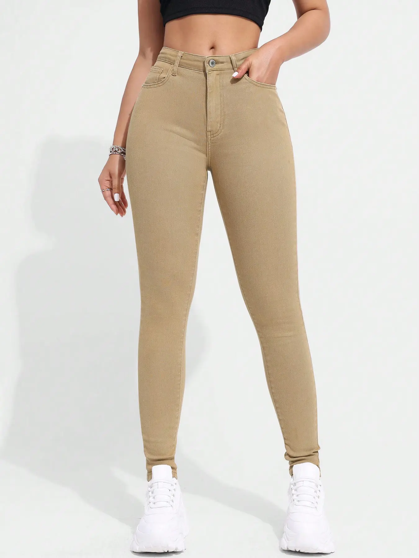 Women's Blue Washed Denim High Elasticity Pants, Elegant Slim Fit Trousers for All Seasons, Plain Surface Unlined Jeans