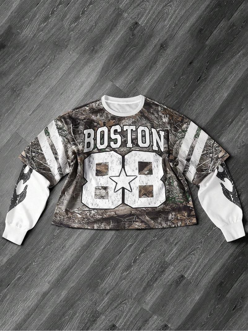 Men's Letter & Number Print 2 in 1 Drop Shoulder Camo Sweatshirt, Regular Fit Casual Long Sleeve Round Neck Pullover for Fall & Winter, Men's Clothes for Daily Wear