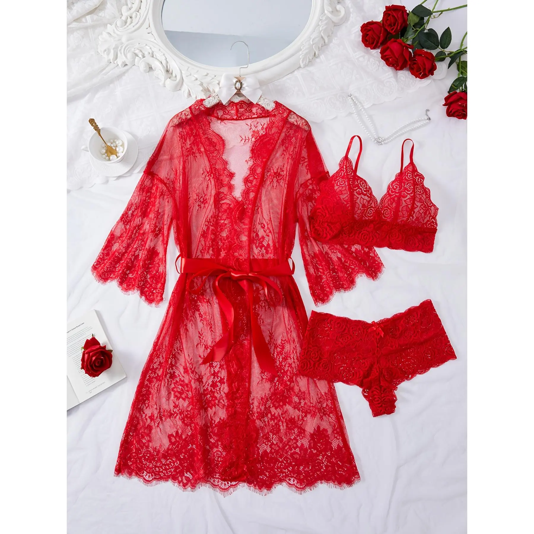 Lingerie Robe Set Featuring Eyelash Lace Wave Embellishments, Ribbons, a Perfectly Paired Two-Piece Set, And a Beautifully Designed Kimono Bathrobe.