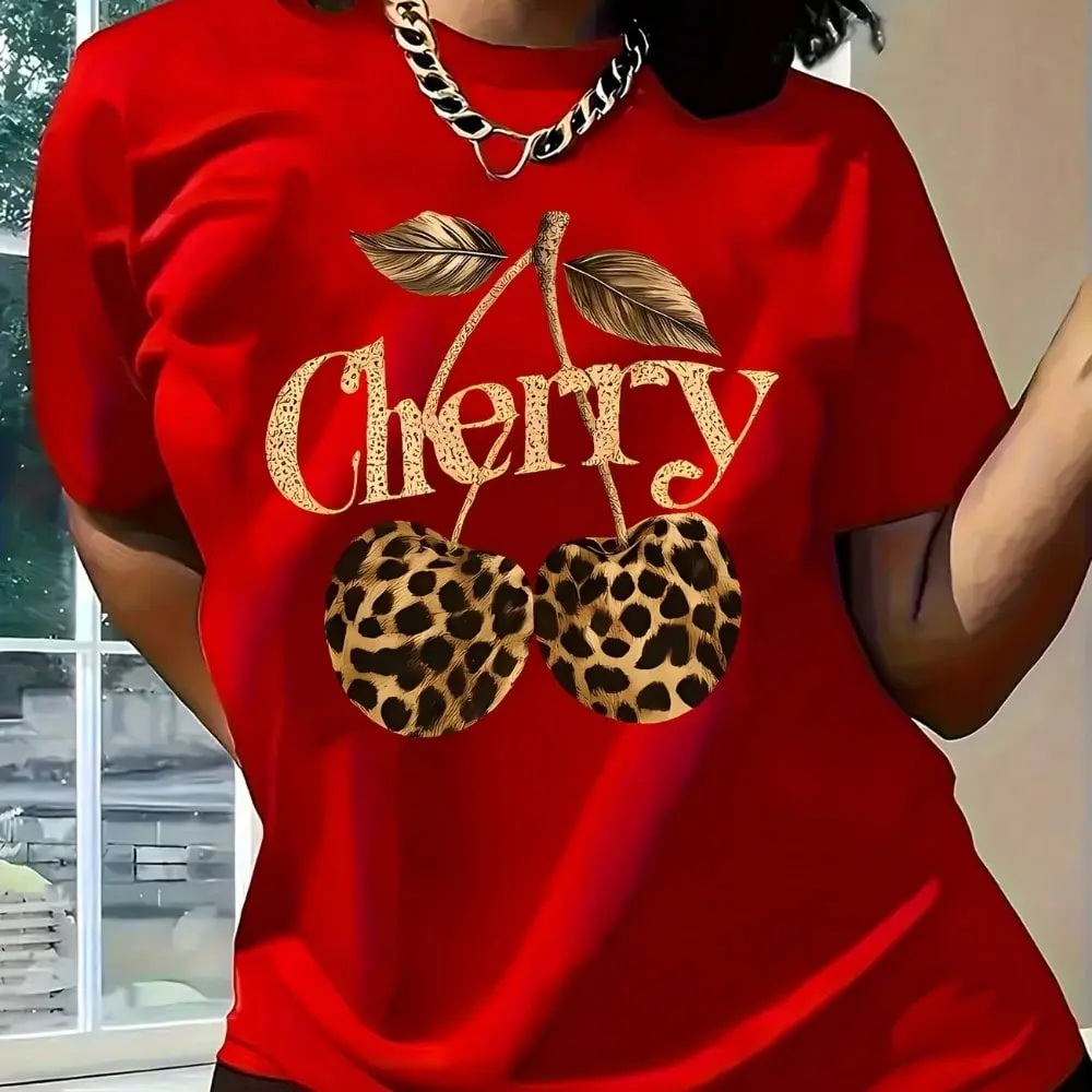 Casual Round Neck T-Shirt for Women, Plus Size Loose Fit Top with Leopard Cherry Graphic, Short Sleeve 100% Knitted Cotton, Party, Shortsleeve, Tshirt, Soft, Tee