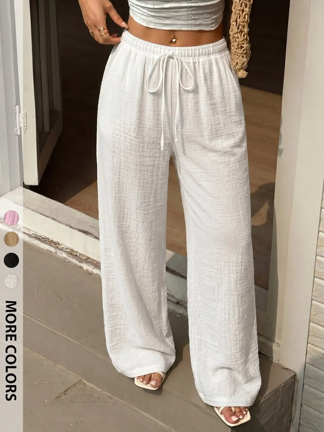 Premium Textured High-Waisted Wide-Leg Trousers | Comfy & Flowy Drawstring Pants for Casual Vacation Chic