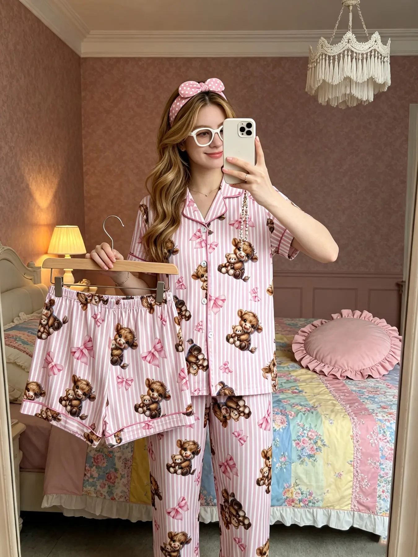 Three-Piece Women's Pajama Set, Boho Style, Short Sleeve, Animal Pattern, Loose-Fitting, All Seasons, Home Wear, Comfortable Sleepwear