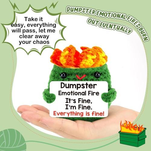 Unique Handmade Crochet Dumpster with Emotional Fire Support & Positive Vibes. Ideal as a funny birthday gift for friends, this adorable and creative decor stands out as a thoughtful present to bring laughter and warm encouragement to anyone.