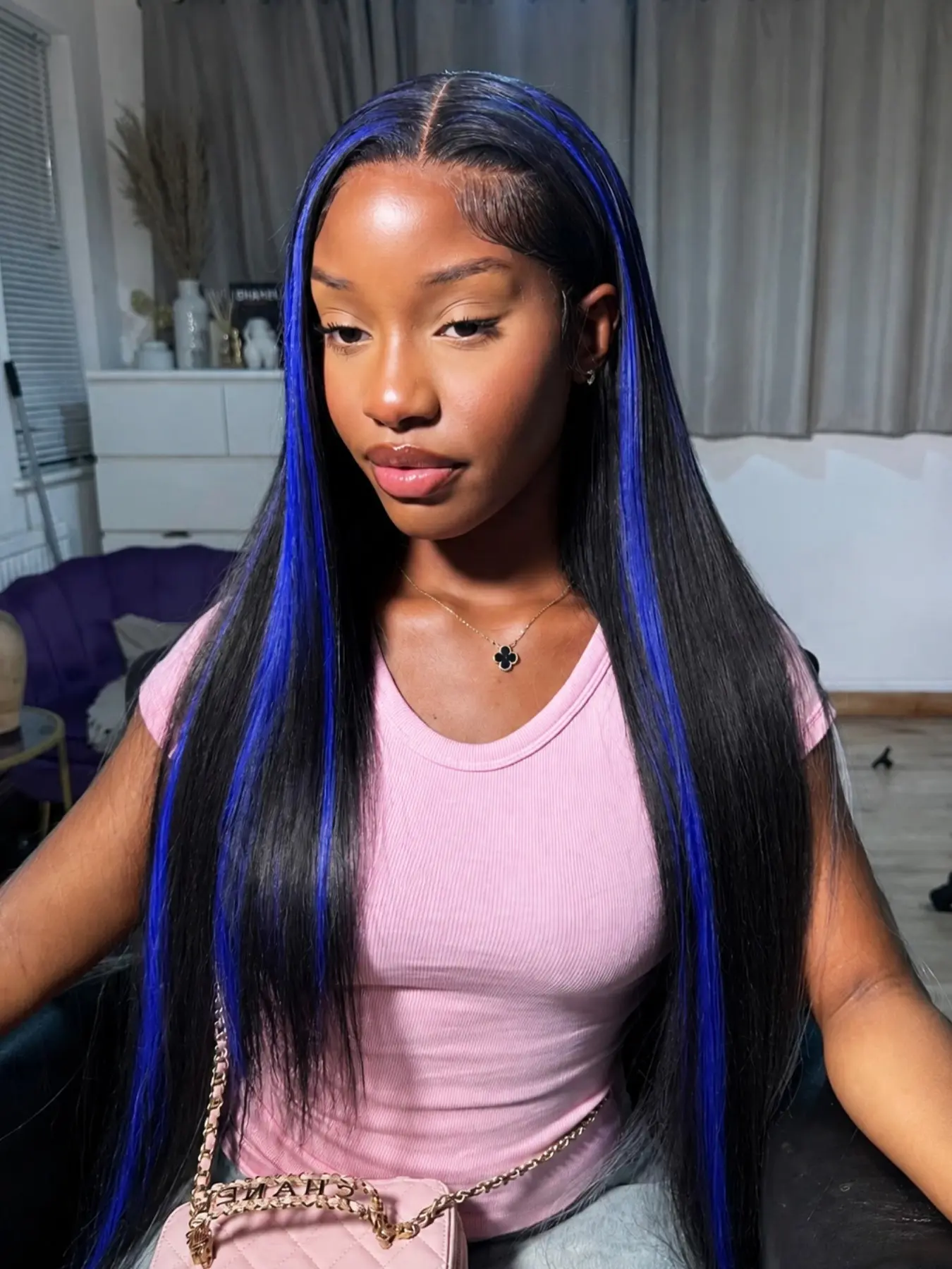 26 Inch Black and Blue Highlights Straight Lace Front Wig |Heat Resistant Synthetic Fiber, Soft & Lightweight Natural Parting Lace Frontal Wigs