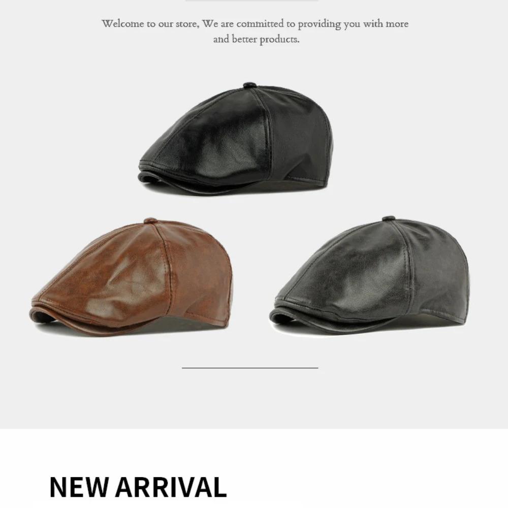 HT4937 Mens Beret Women Autumn Winter PU Leather Hat Retro Artist Painter Beret Hat Male Female Ivy Flat Cap Octagonal Beret Cap