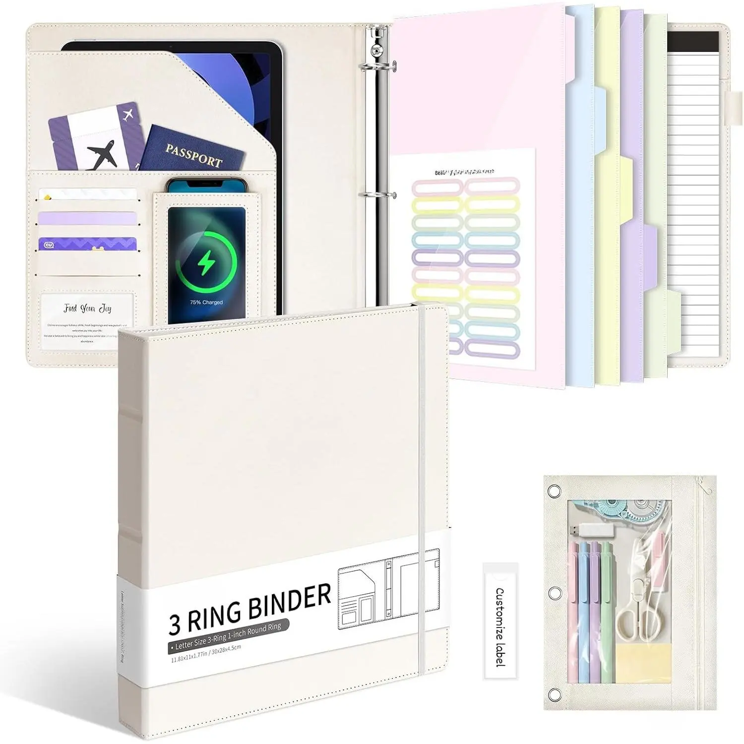 Classic Leather 3-Ring Binder for Letter Size Documents, 1 in Round Rings, 175-Sheet Capacity, Pocketed Dividers with Tabs, Label Slots, Document Holder, Storage Bag & Notepad for Office Organization, White