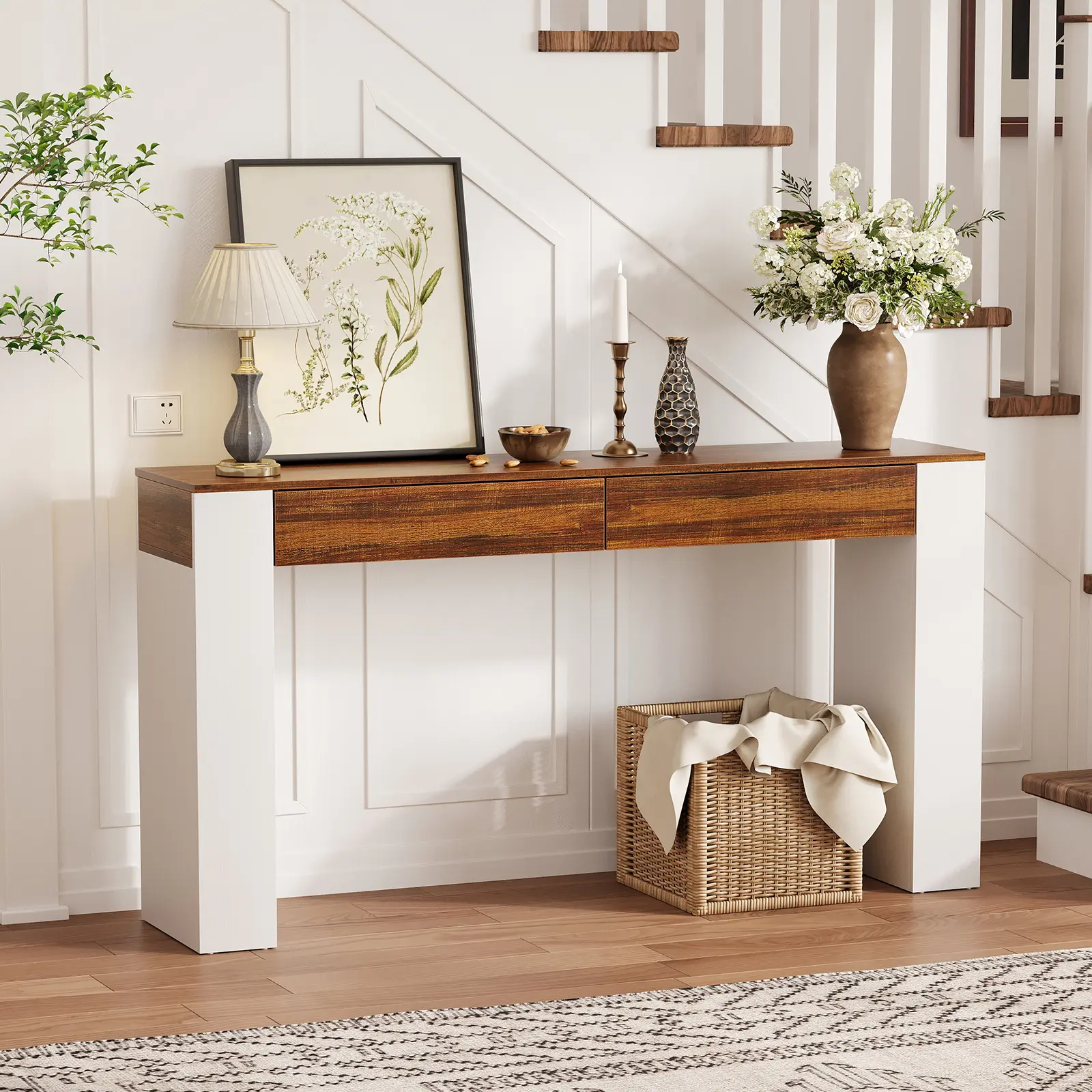 Entryway Table, 63 Inch Console Table with 2 Drawers, Farmhouse Narrow Sofa Tables Behind Couch for Living Room Hallway, White+Brown ﻿