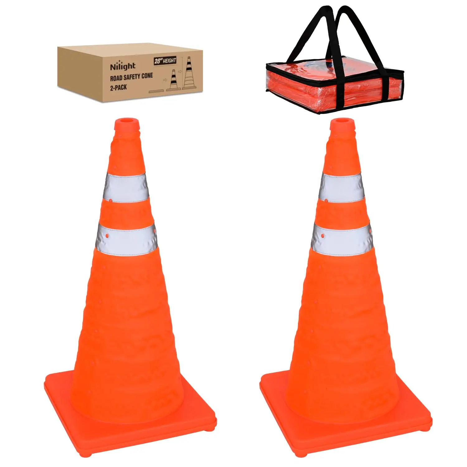 Nilight 2-Pack 28in Oxford Fabric Collapsible Safety Cones - Bright Orange, Reflective Collars, Outdoor Roadside Parking Work Safety Equipment