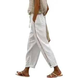 Casual Linen Pants for Women Summer Pants Lightweight Ankle Crop Pants Elastic Waist Drawstring Beach Lounge Pants