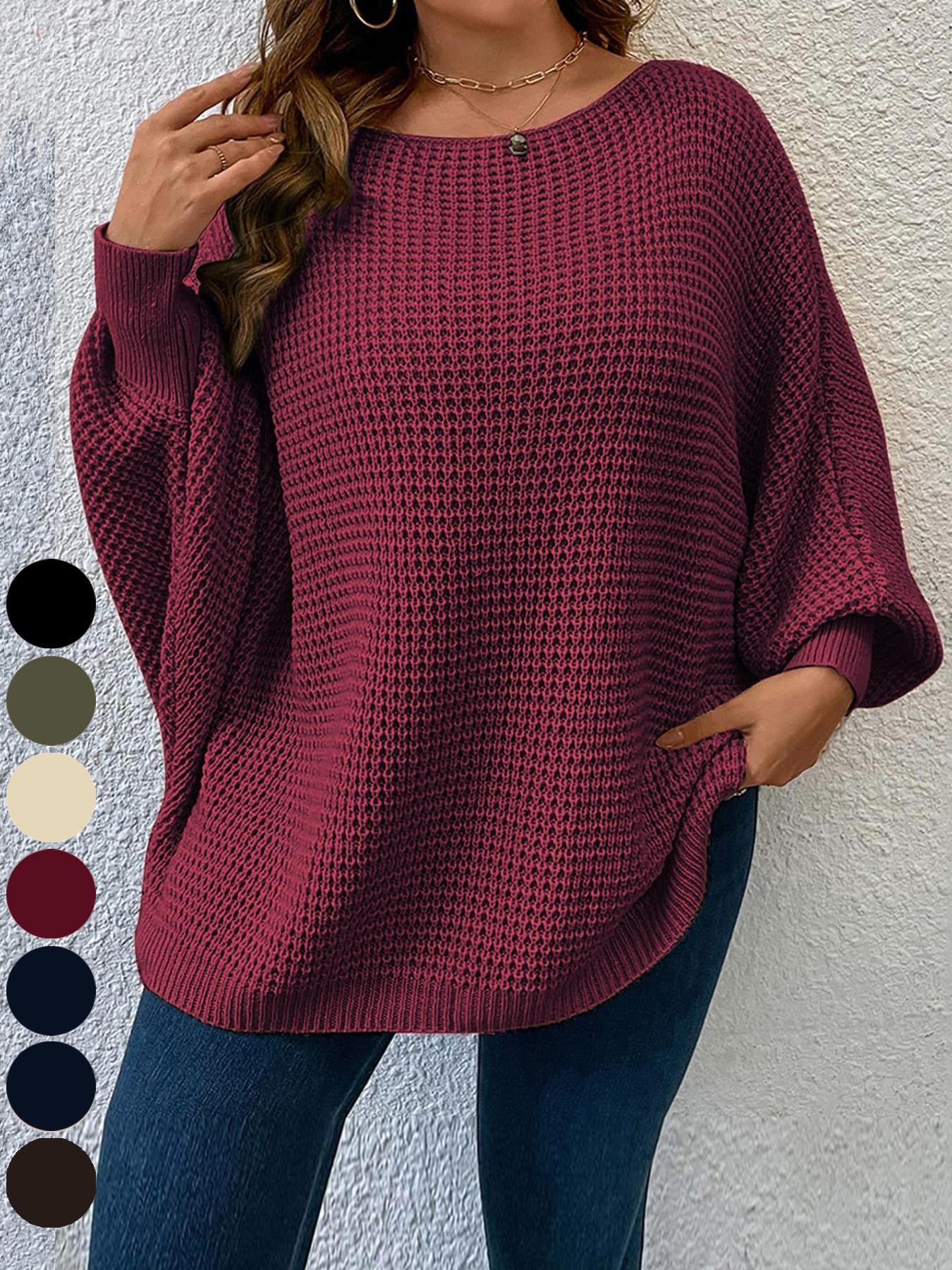 Plus Size Solid Batwing Sleeve Boat Neck Sweater Knitwear, Casual Long Sleeve Jumper for Fall, Plus Size Clothing for Daily Wear, Womenswear