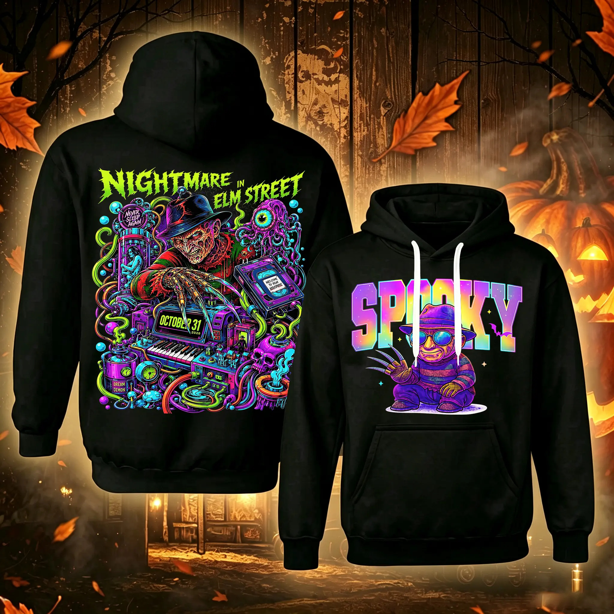 Retro Spooky Villain Sweatshirts |   Colorful Gothic Horror Hoodie Designs |   Halloween Hoodies, Scary Cinema Fans, Spooky Fall Season Hoodies