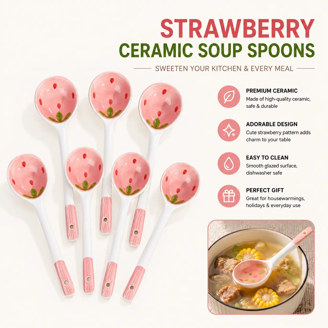Cartoon Strawberry Pattern Soup Spoon, Candy Spoons, Cute Home Kitchenware Porcelain Spoon, Household Utensils Cutlery for Coffee Tea Yogurt Ice Cream Appetizers and Desserts, Spoons Set-YY0
