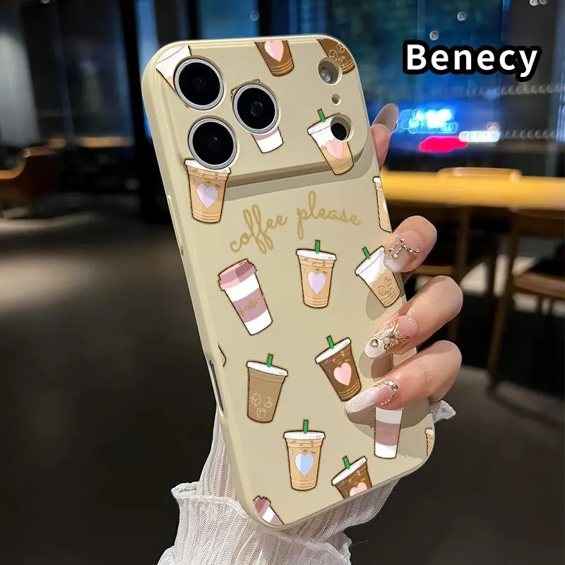 Liquid Silicone TPU Phone Case with Lens Protection, E Coffee Delight Pattern, Compatible with iPhone 17,16 Pro Max,15 Plus,14,13,12,11,Air,XS,XR for Smartphone,Handheld,Cellphone Devices Casing, Accessories
