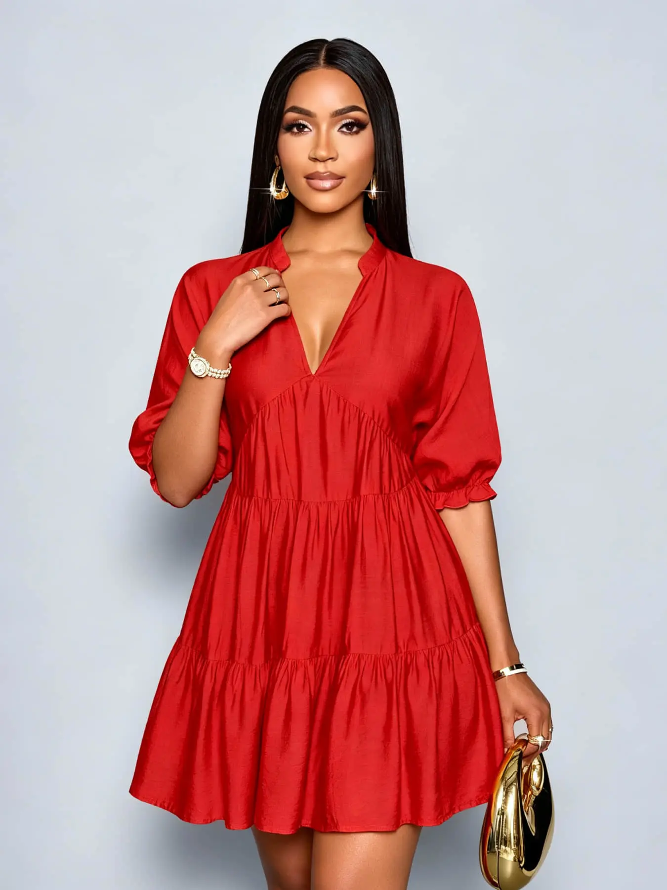 A women's fashionable and high-end French slimming and meat covering dress with V-neck bubble sleeves design, casual wear, suitable for summer, light dinners, dates, dinners, and travel outfits.