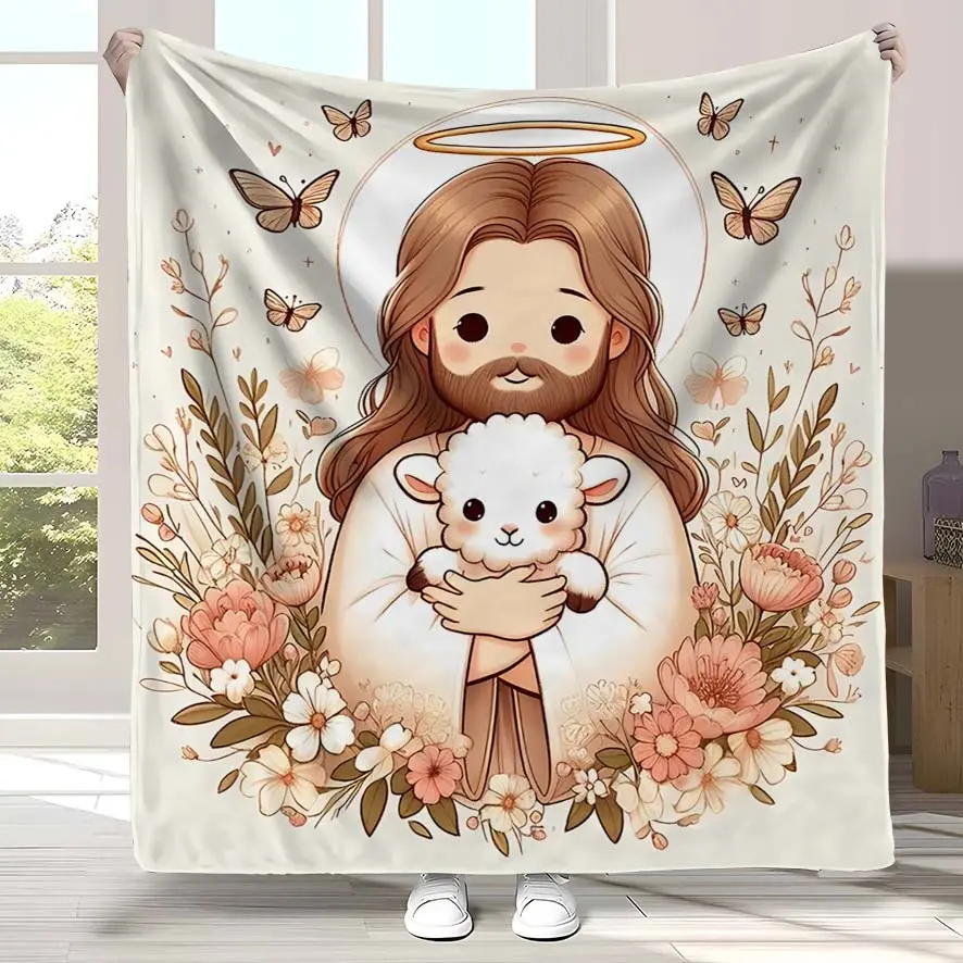 Cute Cartoon Jesus Holding Lamb Floral Butterfly Flannel Blanket Soft Neutral Christian Faith Throw Blanket Boho Watercolor Religious Aesthetic Couch Nap Blanket Giftable Baptism Faith Home Decor Blanket