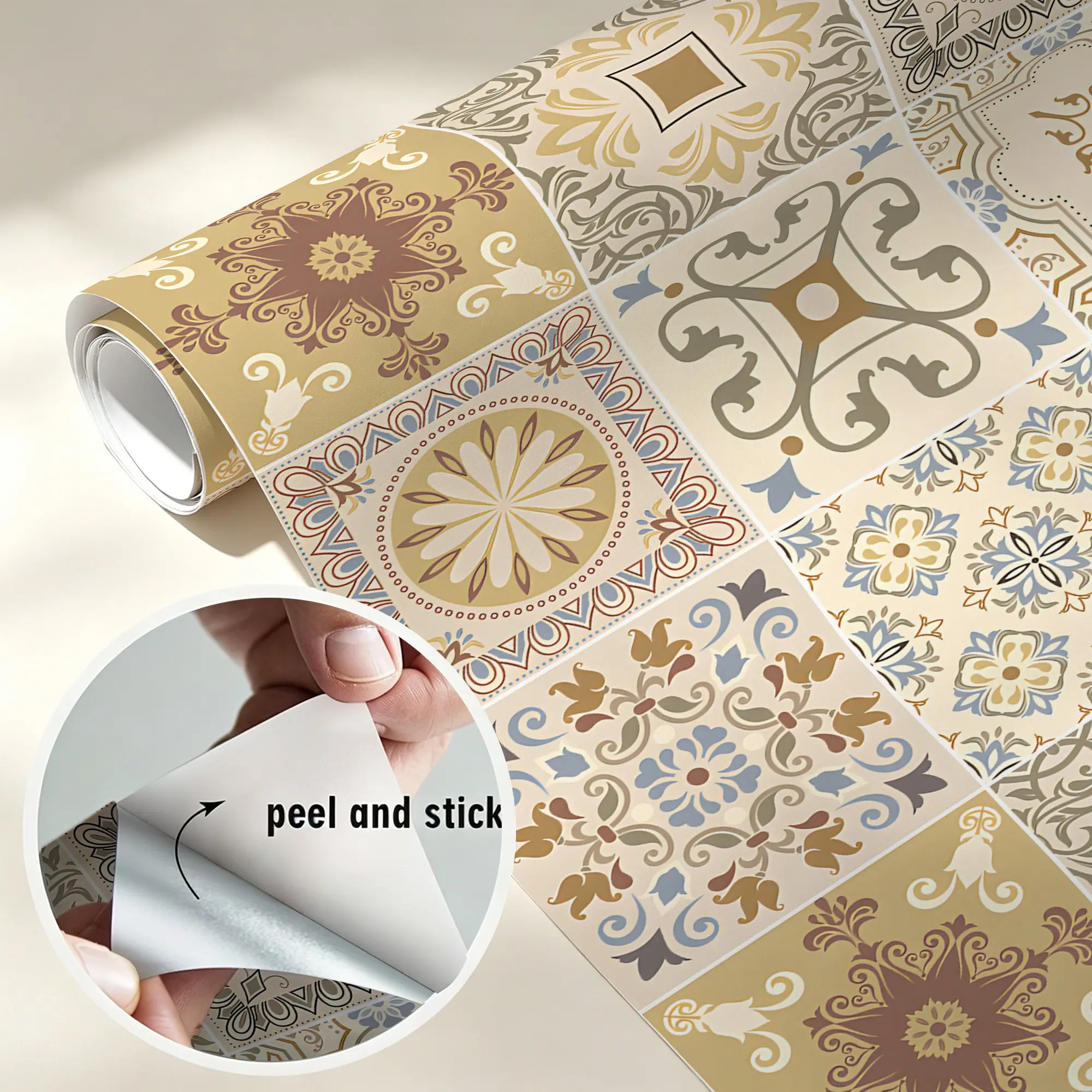 Moroccan Style Floral Floor Stickers, Waterproof Self-Adhesive Vinyl, 40x120cm, Home Kitchen Bathroom Decor, Peel and Stick, Removable Seamless