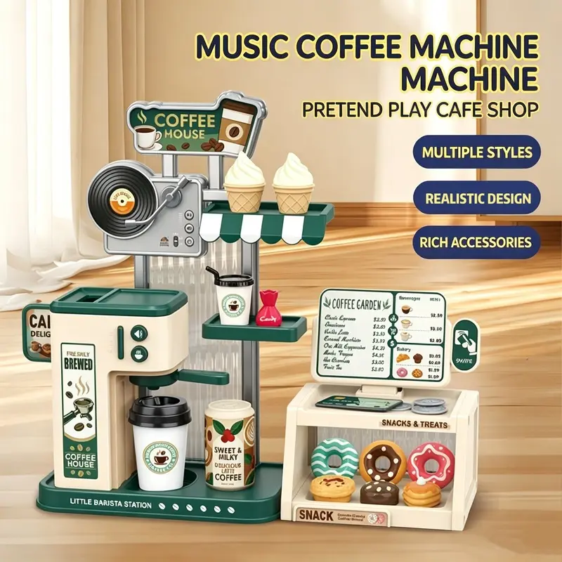 Kids Coffee Shop Pretend Play Set with Running Water Coffee Maker, Lights & Sound Effects, Ice Cream, Donuts & Toy Food Accessories, Grocery Store Market Stand, Kitchen Role Play Toy, Educational Birthday Christmas Gift for Boys & Girls 3+