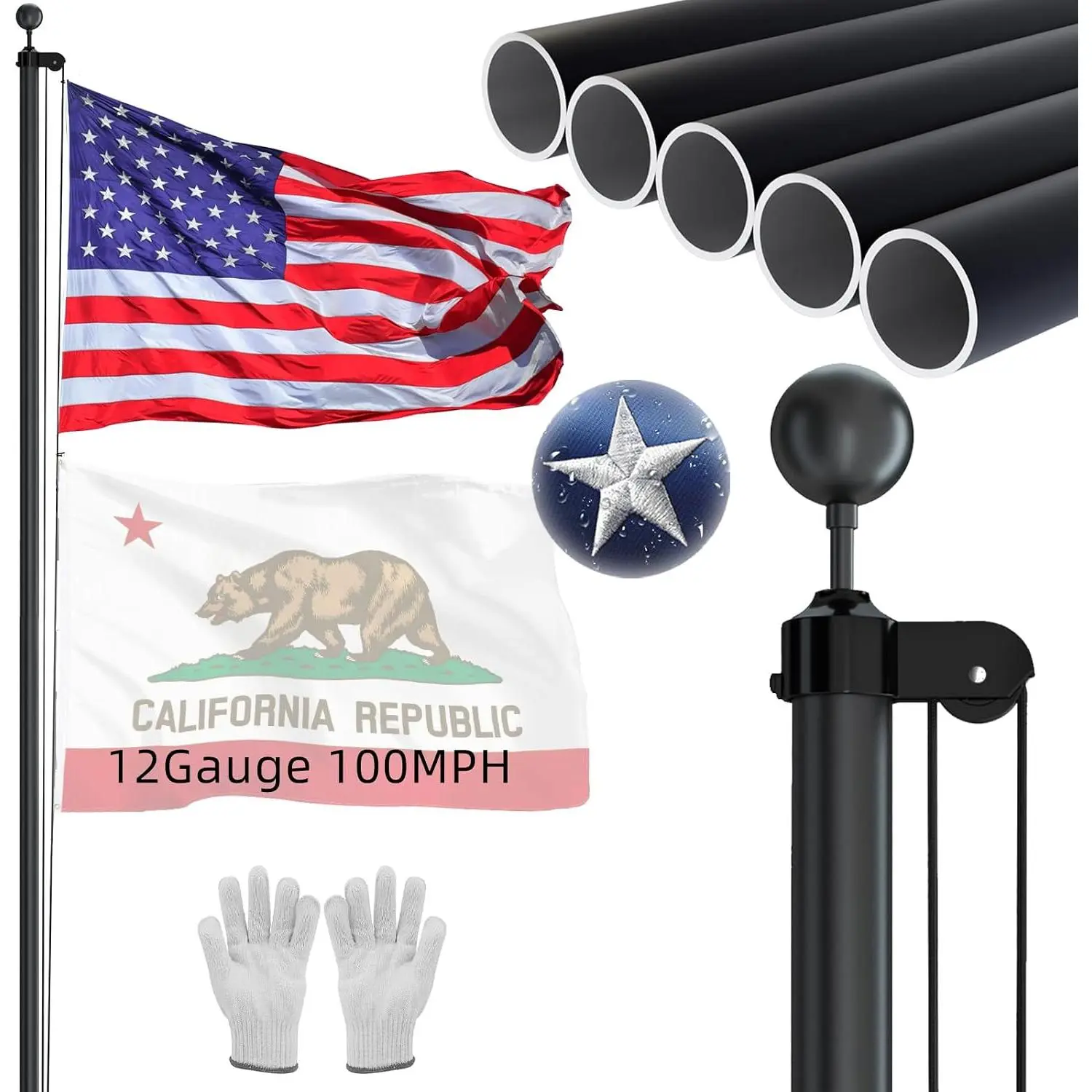 Heavy Duty 25FT Flag Pole -12 Gauge Extra Thick  Flagpole kit for Outside House,Black