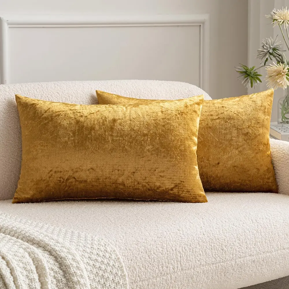 Pack of 2 12x20 Inch Plain Lumbar Velvet Throw Pillow Covers, Dark Gold Luxury Look Soft Touch Room Decor for Living Room Couch Sofa Chair