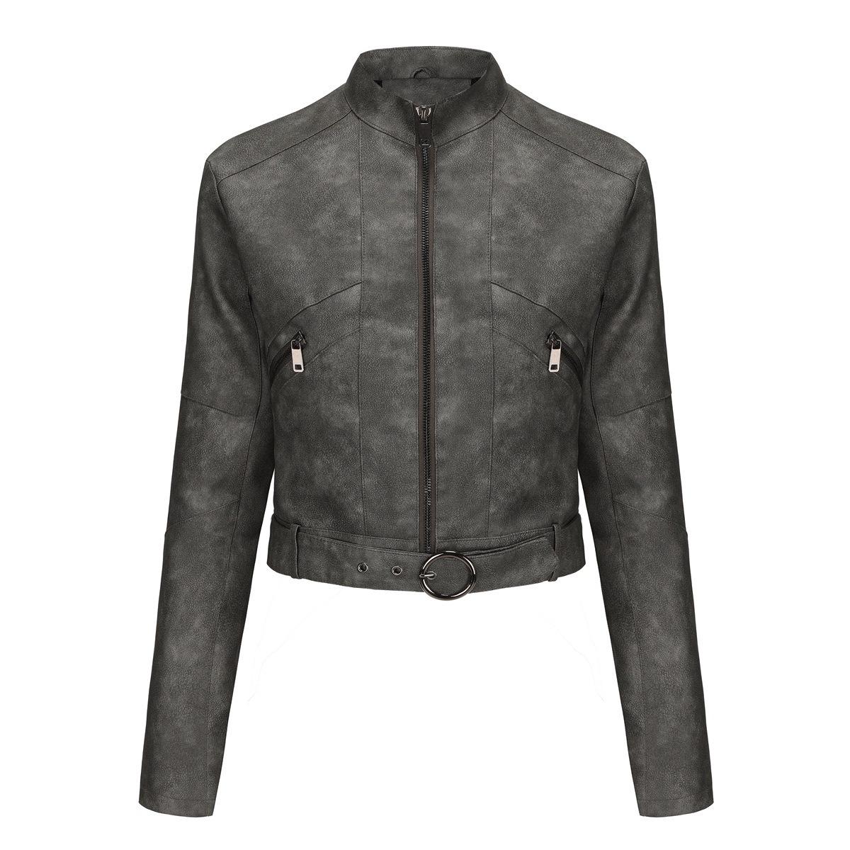 Women's BIGWIG Leather Motorcycle Coat - Long-Sleeve Outerwear, Short-Style Womenswear Top, Zipper Closure, Casual Slim Fit, Pockets, Belt, Suitable for Spring & Autumn