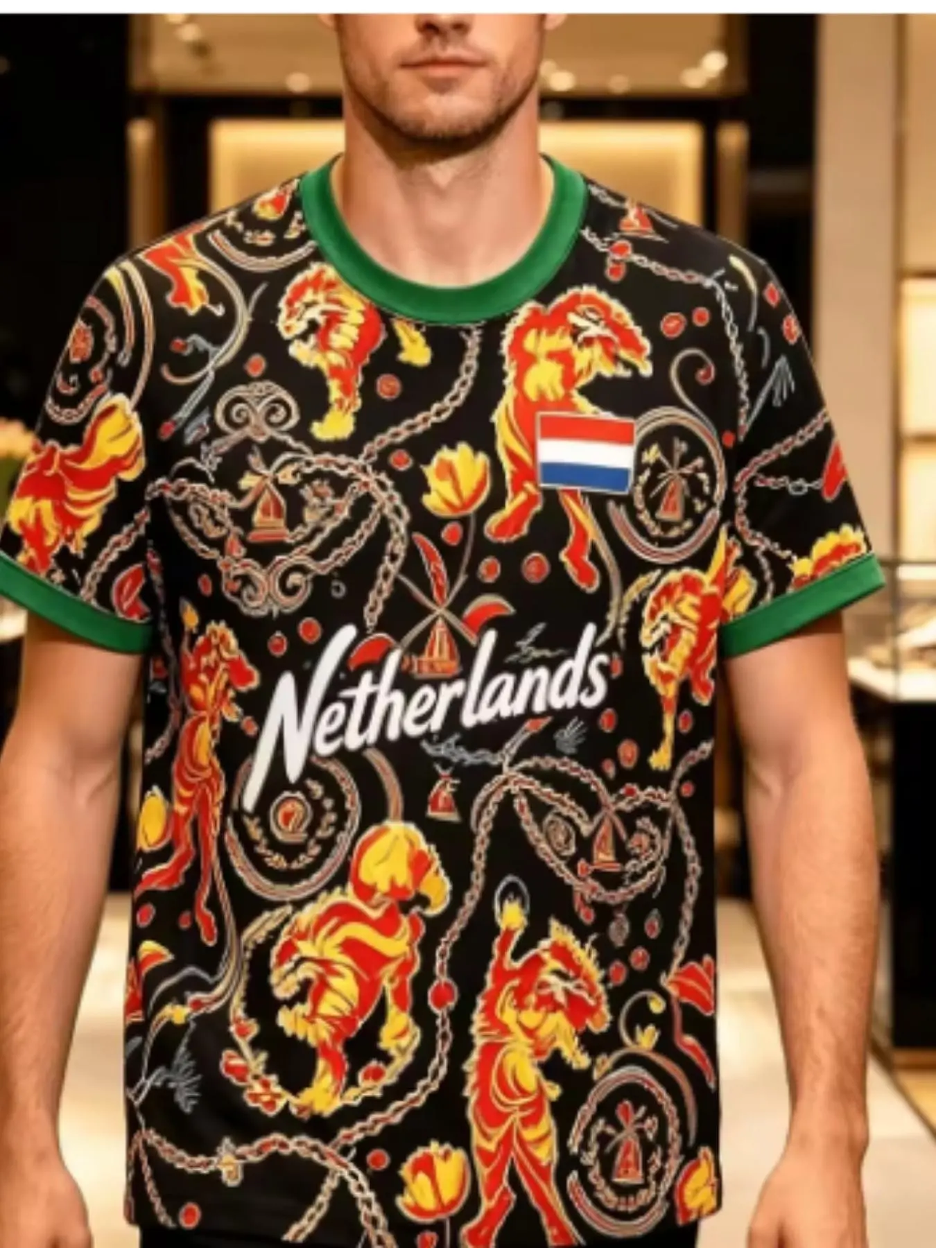 Netherlands Flag Design Men's Football Training T-Shirt, Casual Loose-Fit Long Sleeve Top, All-Season Print Pattern Clothing