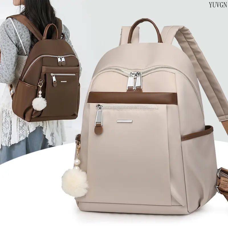 Casual Color Block Oxford Backpack for Women, Multi-Pocket Daypack with Pom Pom Charm for School, Work & Travel, Back To School Haul
