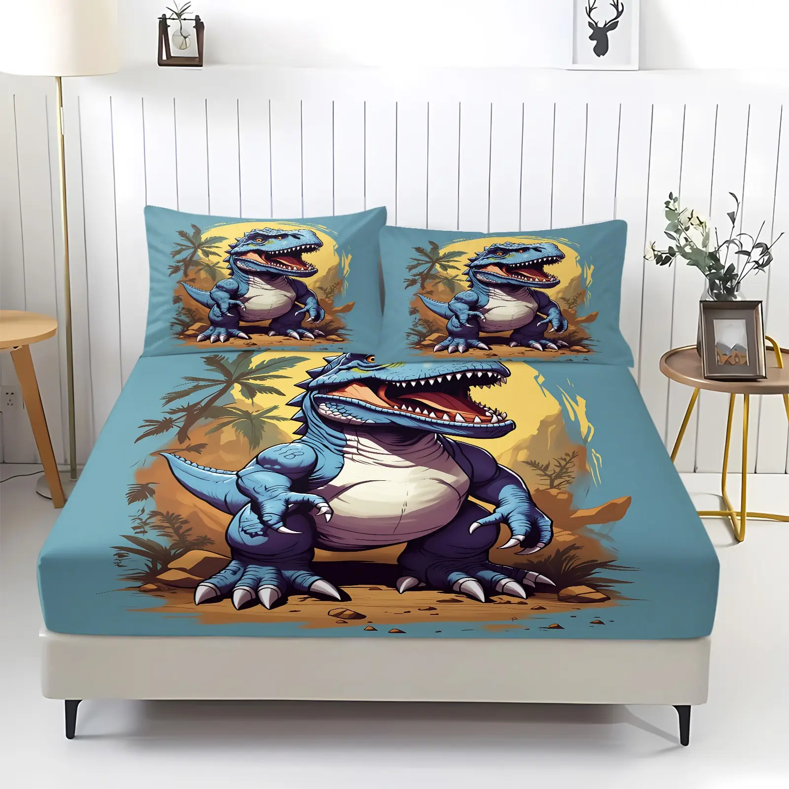 3Pcs Cartoon Dinosaur Pattern Fitted Sheet Set, Prehistoric Jungle Digital Print Bedding Set, All-Round Deep Pocket Fitted Sheet, Machine Washable, Perfect for Bedroom Decor. 2 Pillowcase, No Filling