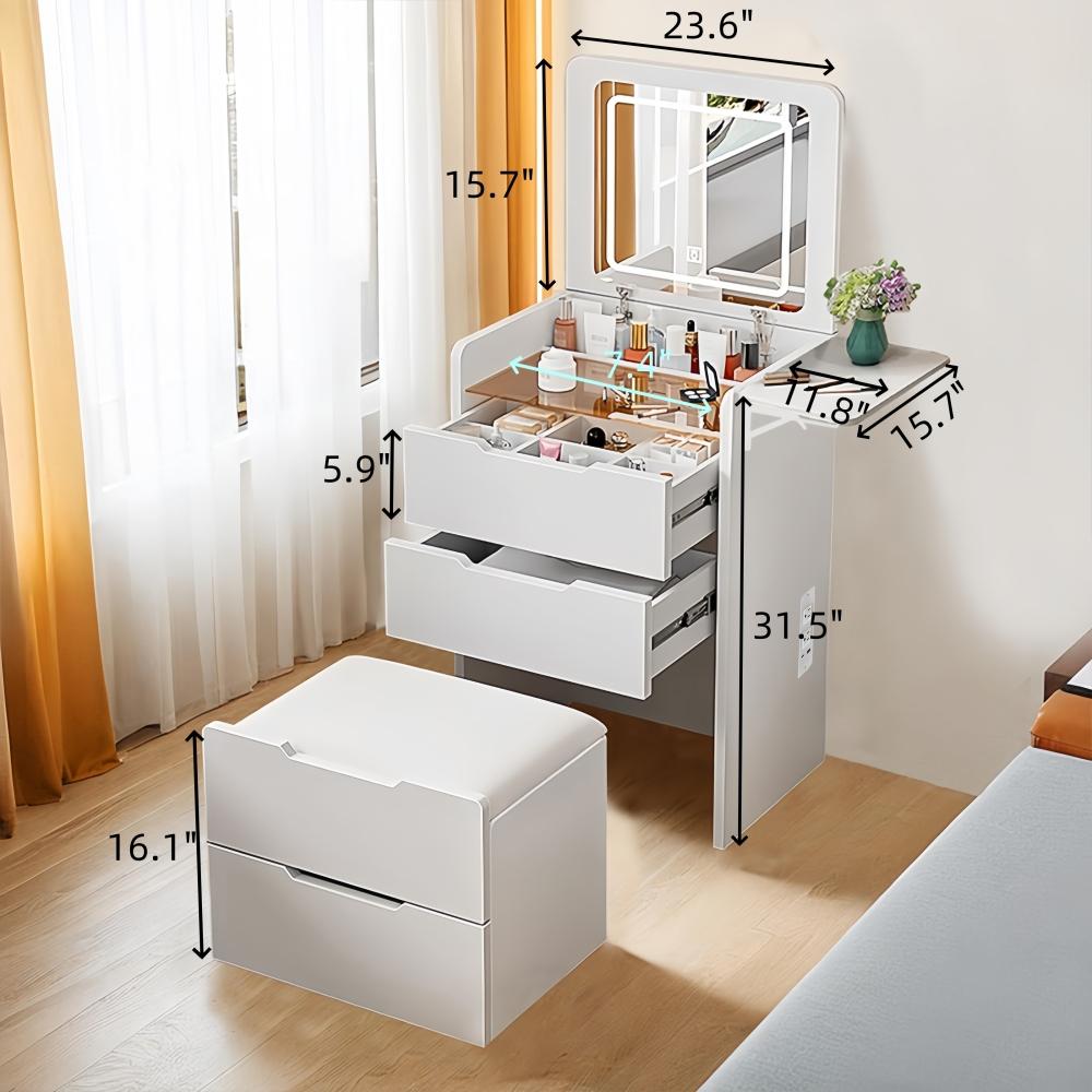 3 in 1 Vanity Desk with Plip Top Mirror, Small Make Up Vanity Set with Visible Glass Desktop, Compact Makeup Vanity with 3 Drawers, Cushioned Tool, Dressing Table for Bedroom