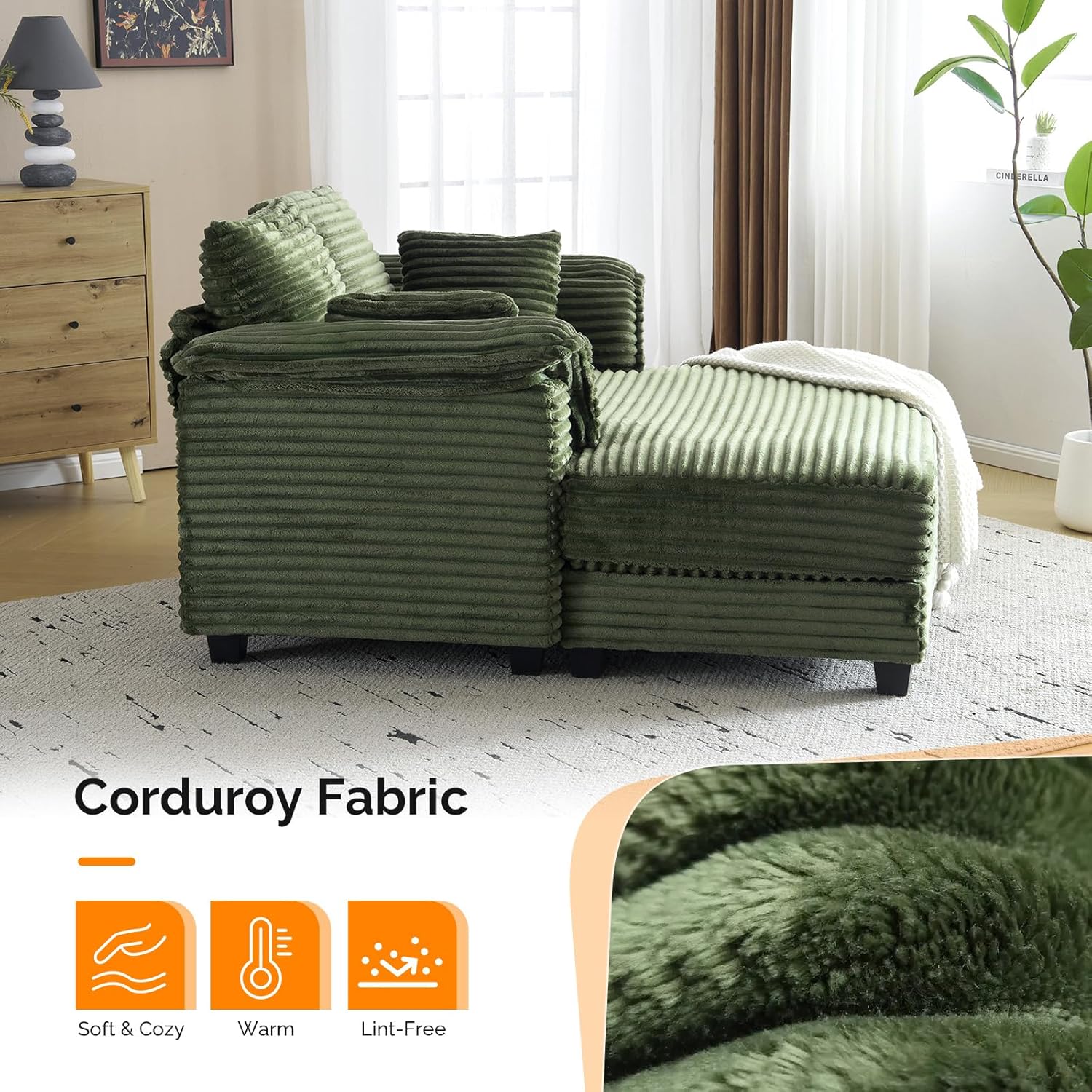 Ktaxon 59" Oversized Boneless, Comfy Corduroy Chaise Sofa Recliner Bed Upholstered Sleeper Couch Bed with Throw Pillows and Armrests for Living Room, Movie Room, Bedroom