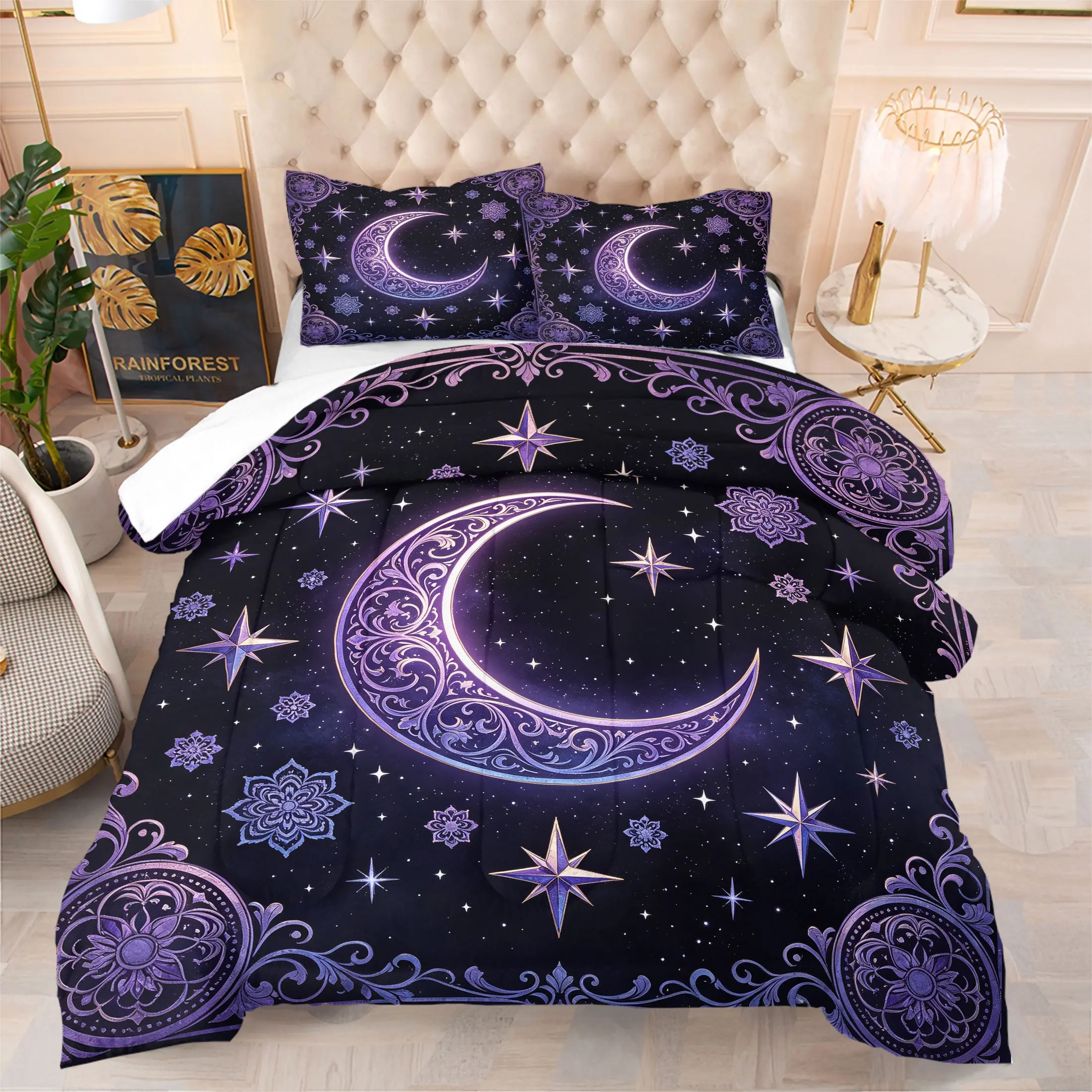 Mystical Purple Moon & Star Comforter Set, Includes 1 Comforter & 1-2 Pillowcases, Boho Celestial Star Pattern Print, Gift for Kids, Teens and Adults, Astrology Gift for Boho Decor Fans, Twin/Full/Queen Size