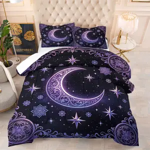 Mystical Purple Moon & Star Comforter Set, Includes 1 Comforter & 1-2 Pillowcases, Boho Celestial Star Pattern Print, Gift for Kids, Teens and Adults, Astrology Gift for Boho Decor Fans, Twin/Full/Queen Size