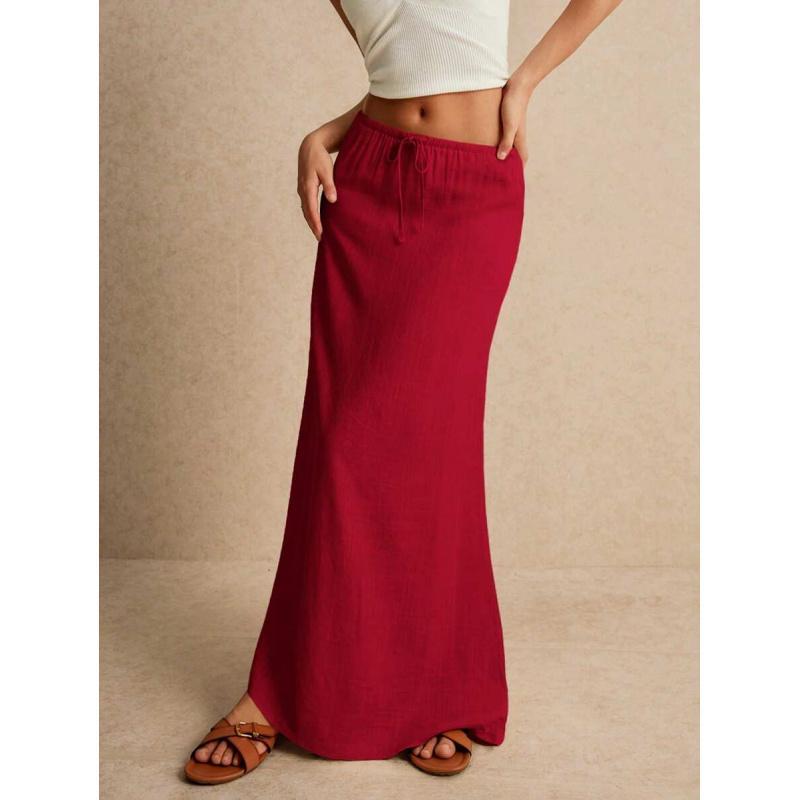 LYD- Women's White Maxi Skirt - Minimalist Drawstring Linen Fabric, Regular Fit, Casual Style, All Seasons Bottoms for Home Wear -LYD sport summer smash women leopard vertical bell