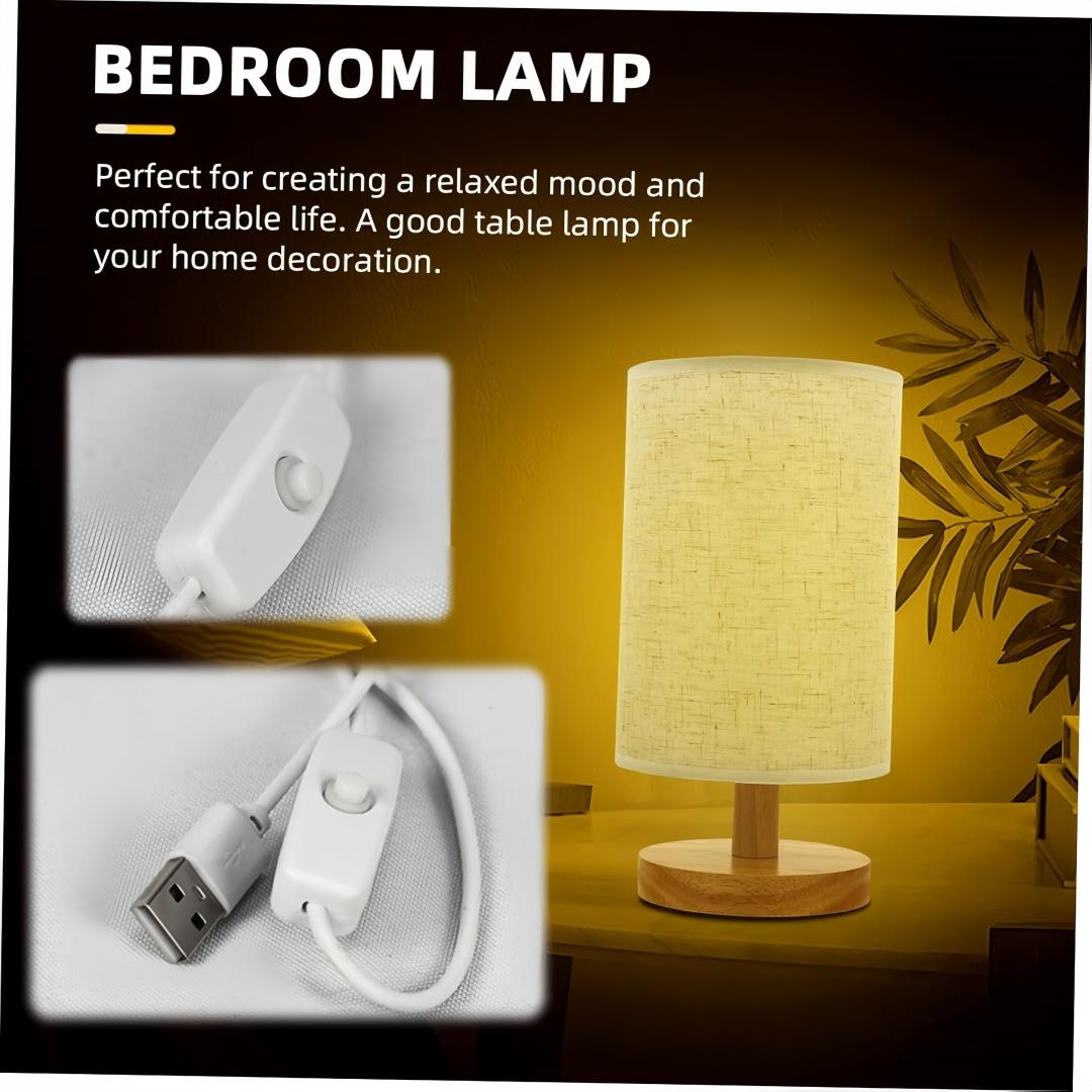 USB Bedroom Night Light, Linen Shade, Wooden Base, LED Lamp, Tabletop Installation, Ideal for Reading, Living Room, Office