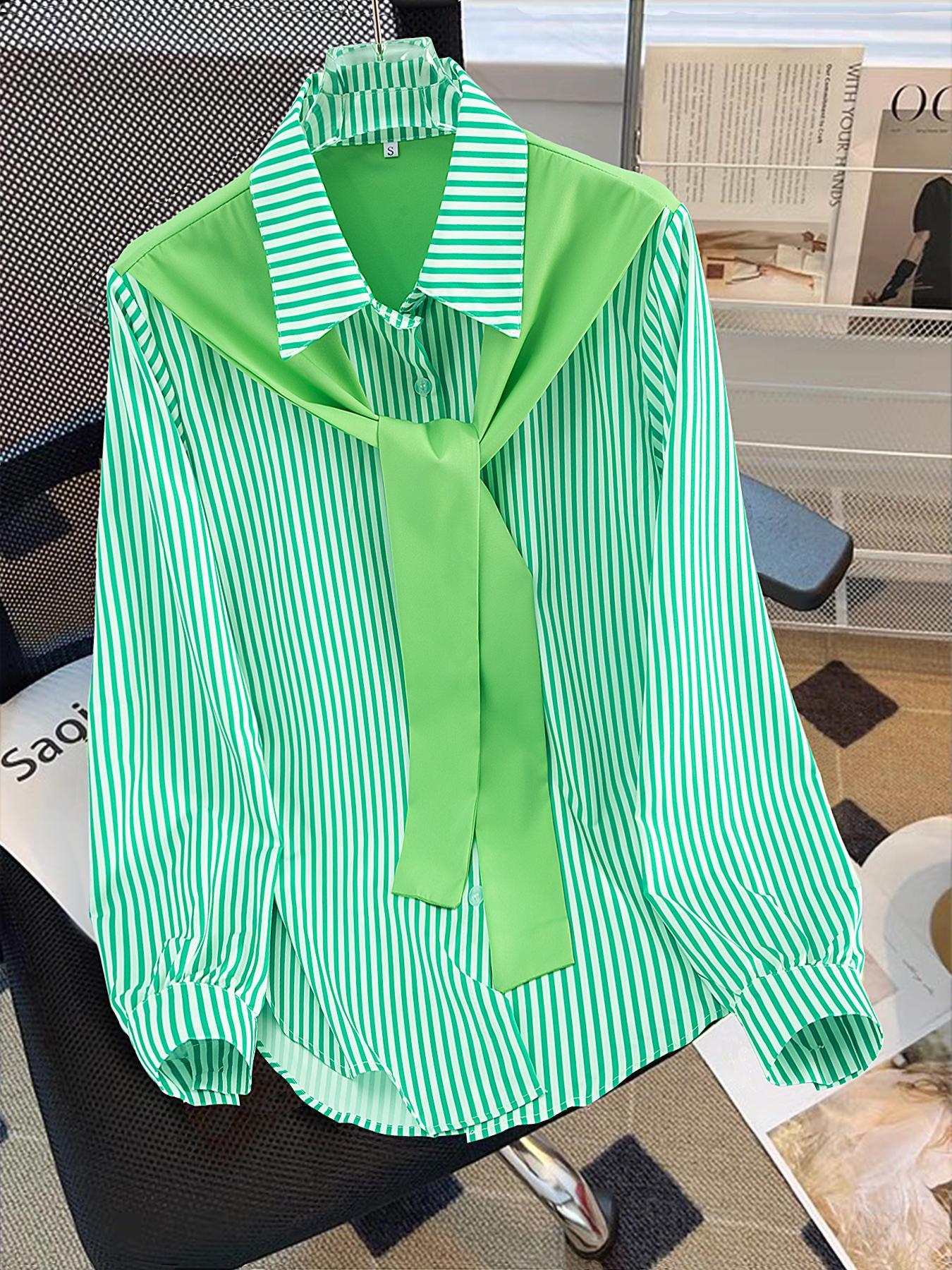 Women's Striped Print Tie Front Shirt Blouse, Casual Long Sleeve Collared Top for Spring & Fall, Women's Clothing for Daily Wear