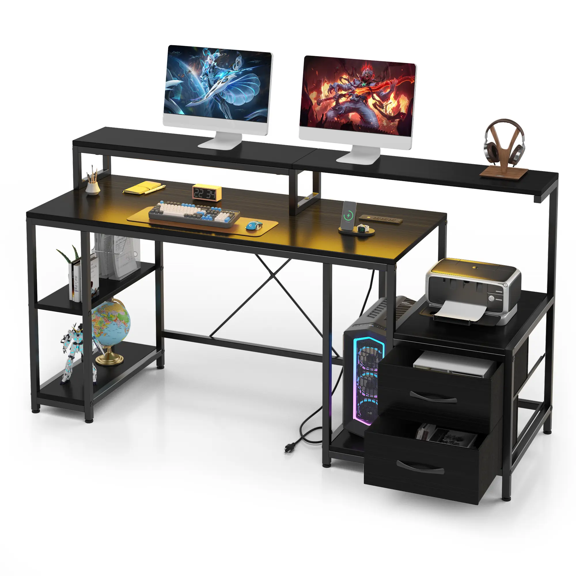 63" Home Office Computer Desk with LED Lights & Power Outlets, Dual Monitor Stand, File Drawer, Printer Shelf & Storage Shelves, Large Gaming/Writing Workstation, Black/Rustic Brown