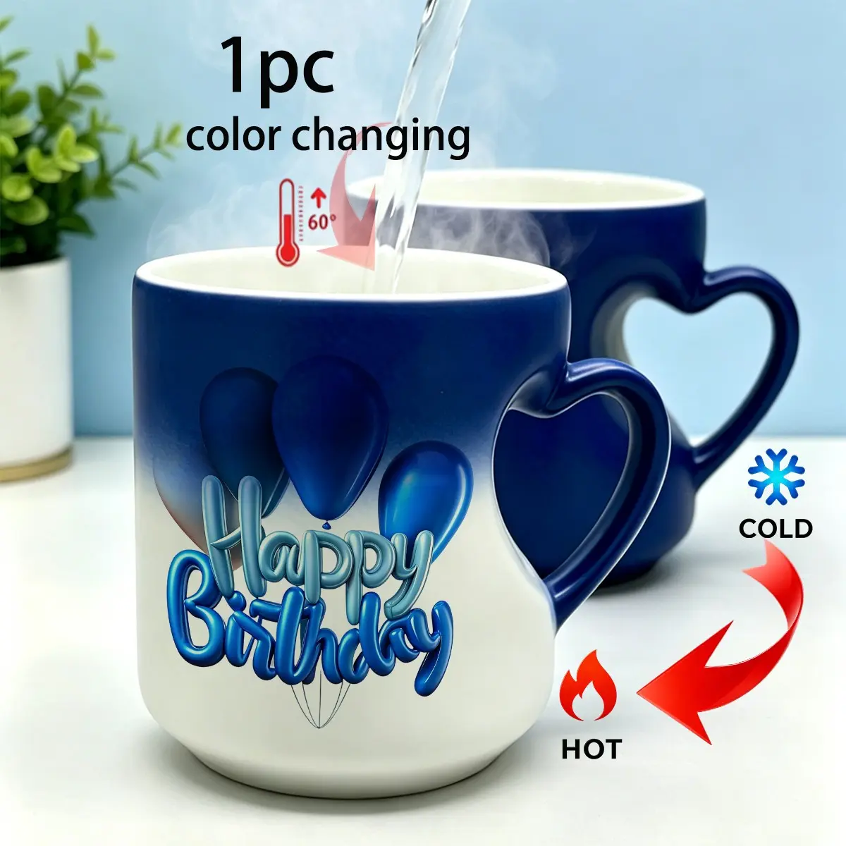 Blue Balloon Happy Birthday Heat Sensitive Color Changing Mug, Heart Shaped Handle Magic Thermal Ceramic Coffee Cup, Novelty Birthday Surprise Gift for Men Women Friends 11oz, Fun Ceramic Mug, Coffee Mugs