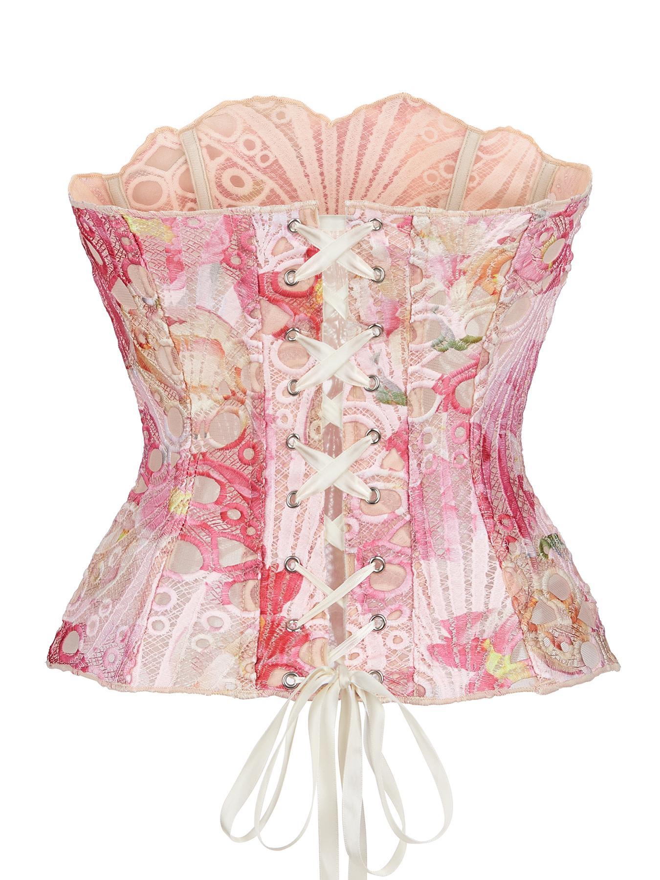 TikTok Viral Pink Mermaid Core Corset, Scalloped Edge Lace Eyelet Hollow Out Boned Bustier Underwear for Bachelorette Music Festival Women