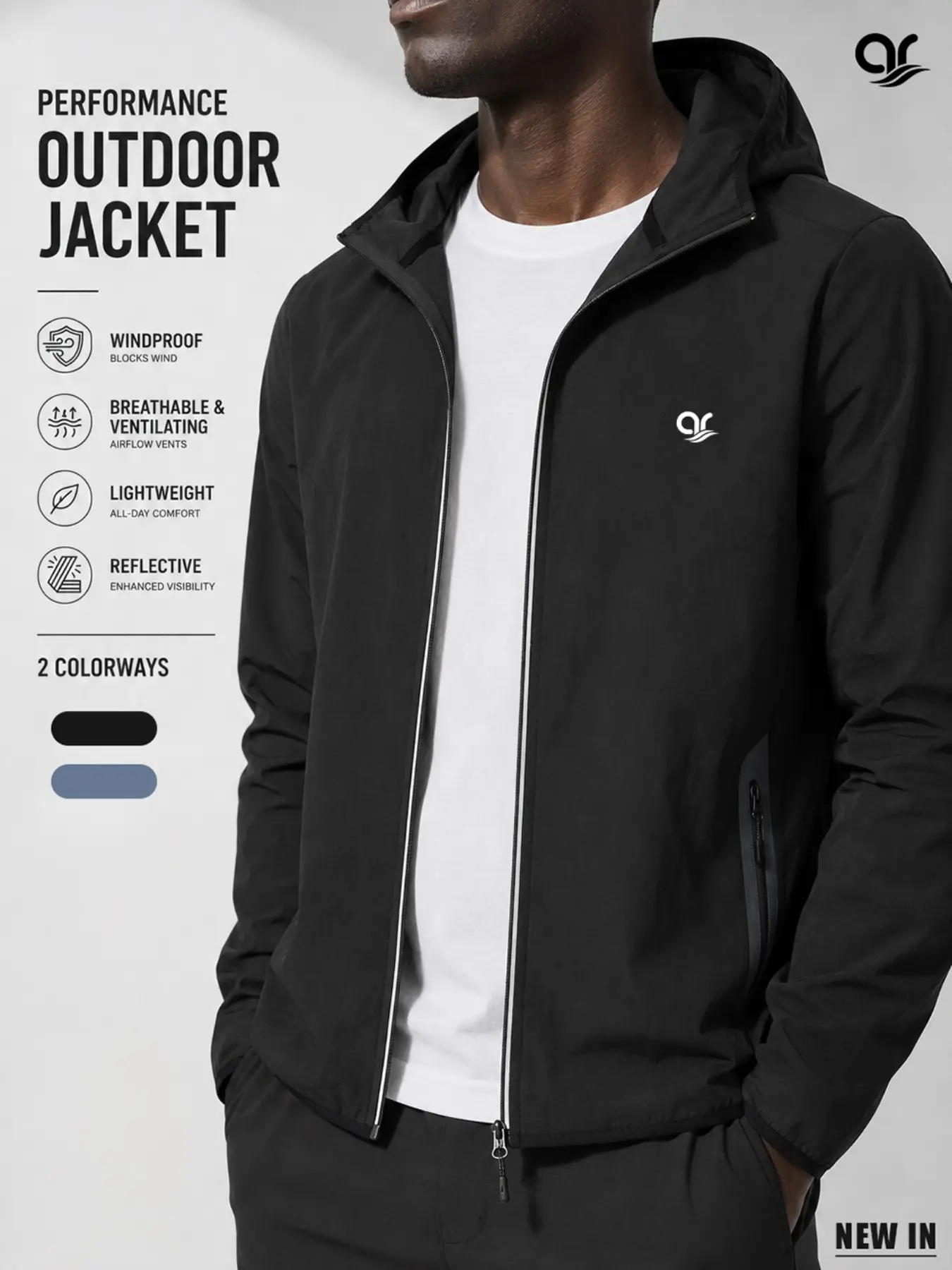 AR Men's Lightweight Windbreaker Jacket, Windproof Quick-Dry Breathable Hooded Full-Zip Running Jacket, Athletic Outerwear with Reflective Trim & Zip Pockets for Gym, Hiking, Cycling, Travel, Training & Everyday Wear