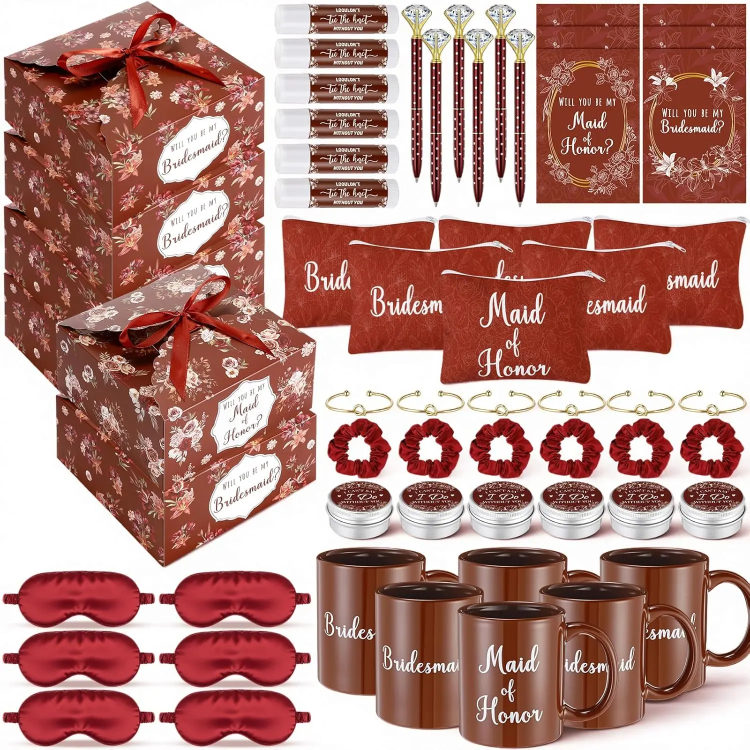 60 count Bridesmaid Proposal Gifts Maid of  Gifts with Box Mug Makeup Bag Candle Lip Balm Scrunchies Pen Bracelet Eye Mask Card for Bridal Shower Bachelorette Party Wedding(Terracotta)