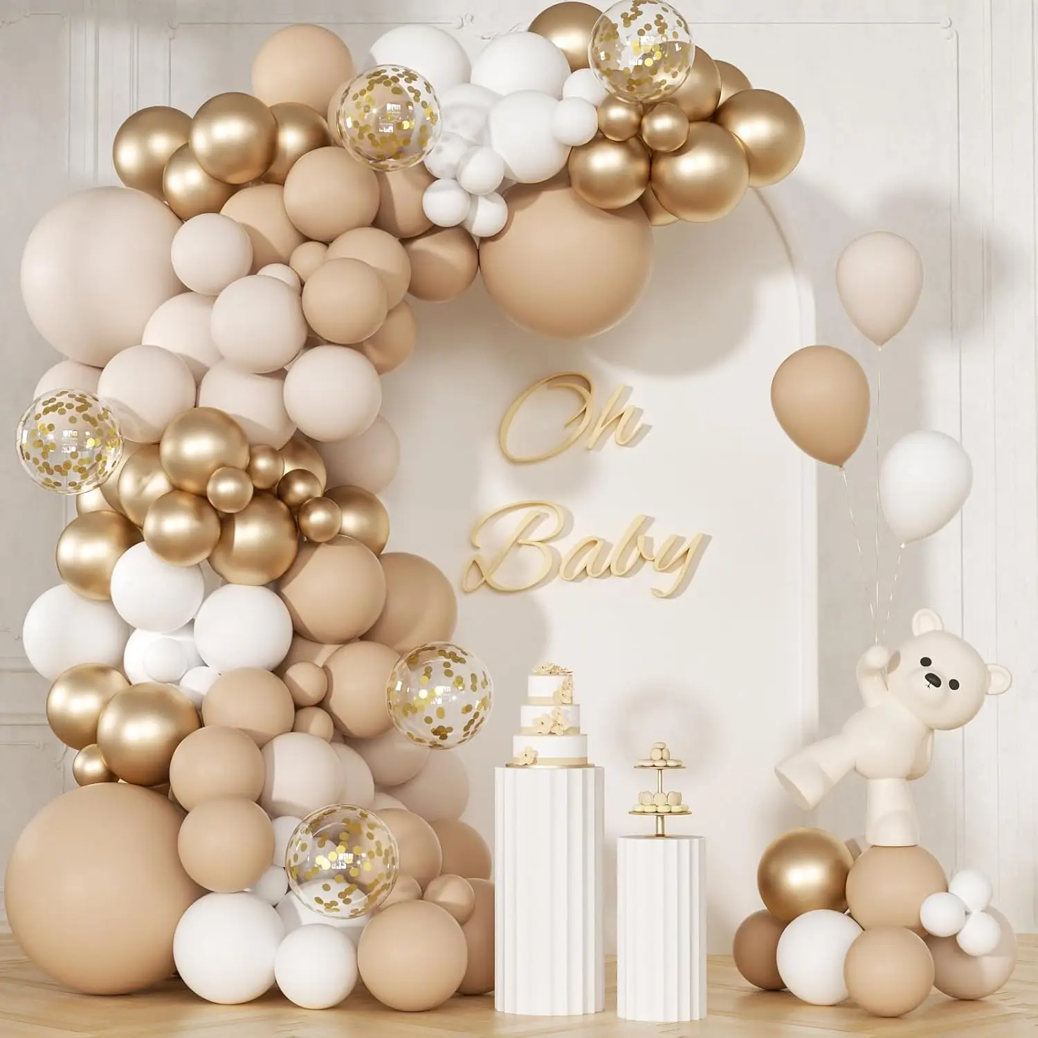 147pcs Neutral Tones Balloon Garland Arch Kit with Hand Pump, Easy Assembly - Light Beige, Cream, Sand, White, Metallic Champagne Gold Confetti for Birthday, Wedding Balloon Decor, Bohemian, Anniversary