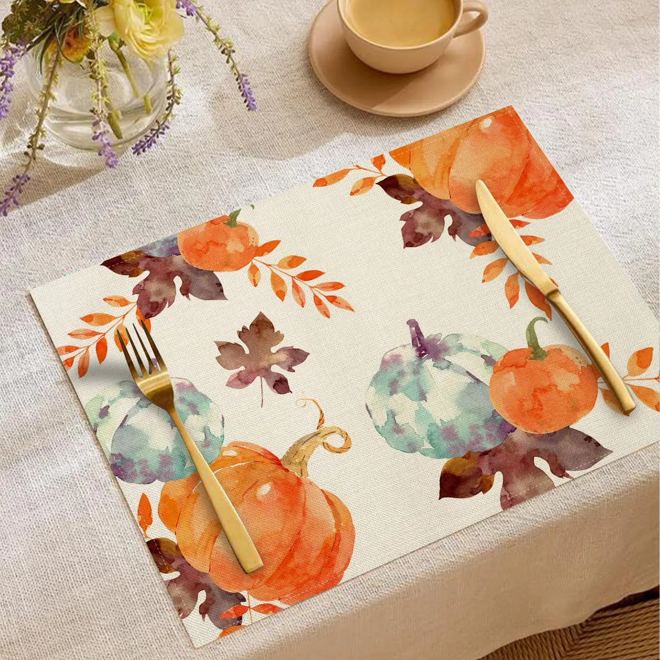 Autumn Harvest Table Placemats, Watercolor Pumpkin Print, Heat Resistant, Minimalist Style, Perfect for Festive Dinners & Daily Use