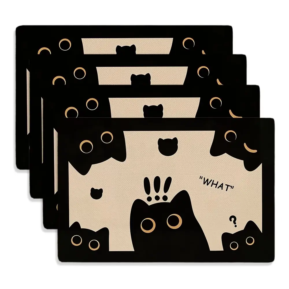 2D flat printing, 2/4/6/8 pack cat themed placemat 18x12 inches - black cat eye gold border "WHAT?" pattern, suitable for restaurant and kitchen decoration, cat lovers gift, fun design, easy to take care of