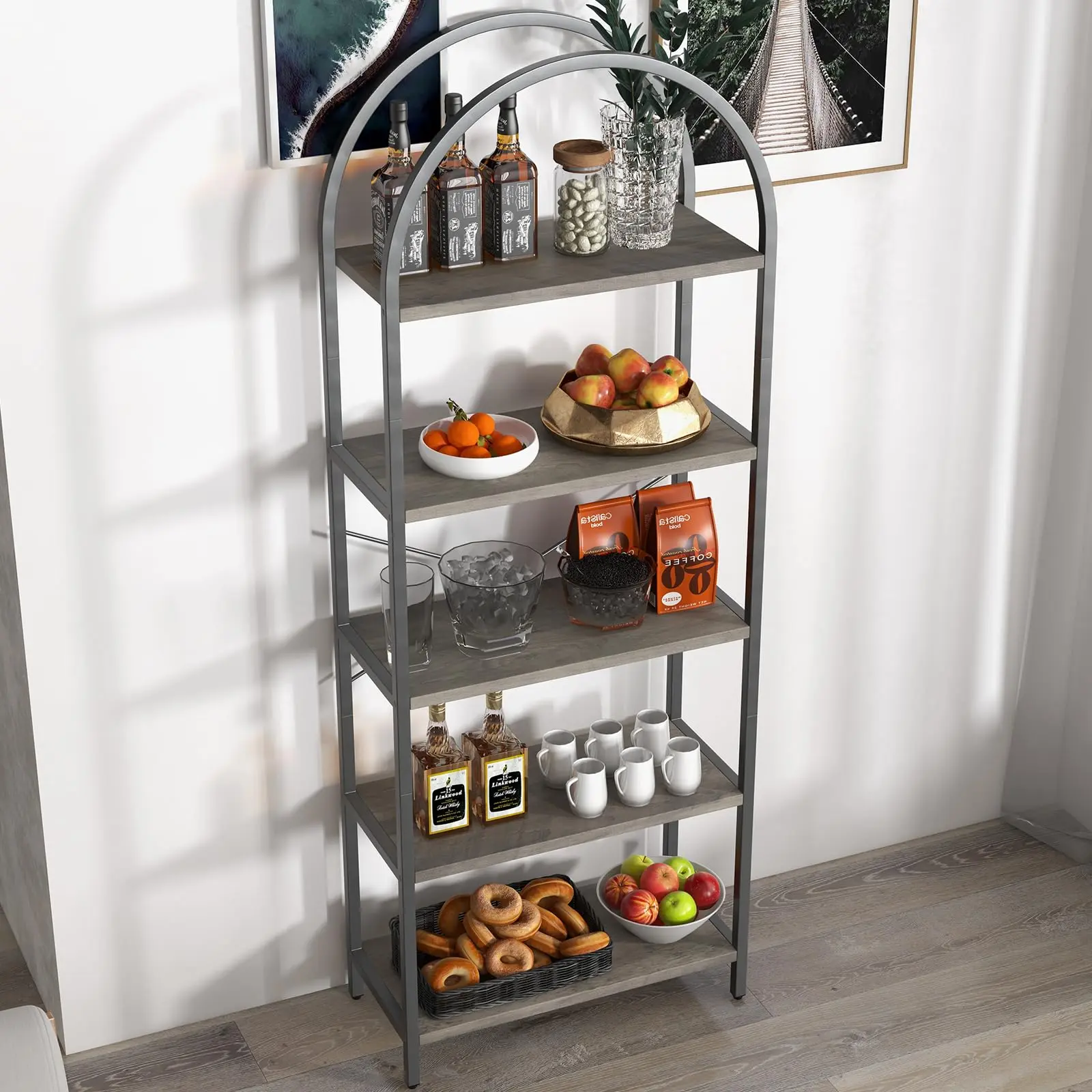 Garvee 5 Tier Tall Arched Bookshelf with Metal Frame Modern Standing Bookcase for Bedroom Living Room Home Office Grey Gold Stylish Storage Display Rack